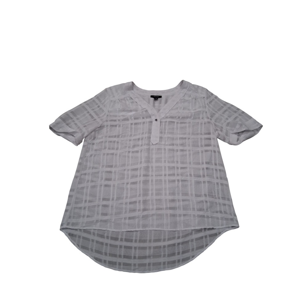 Alfani Womens White Windowpane Plaid V-Neck High-Low Blouse Large Short Sleeve